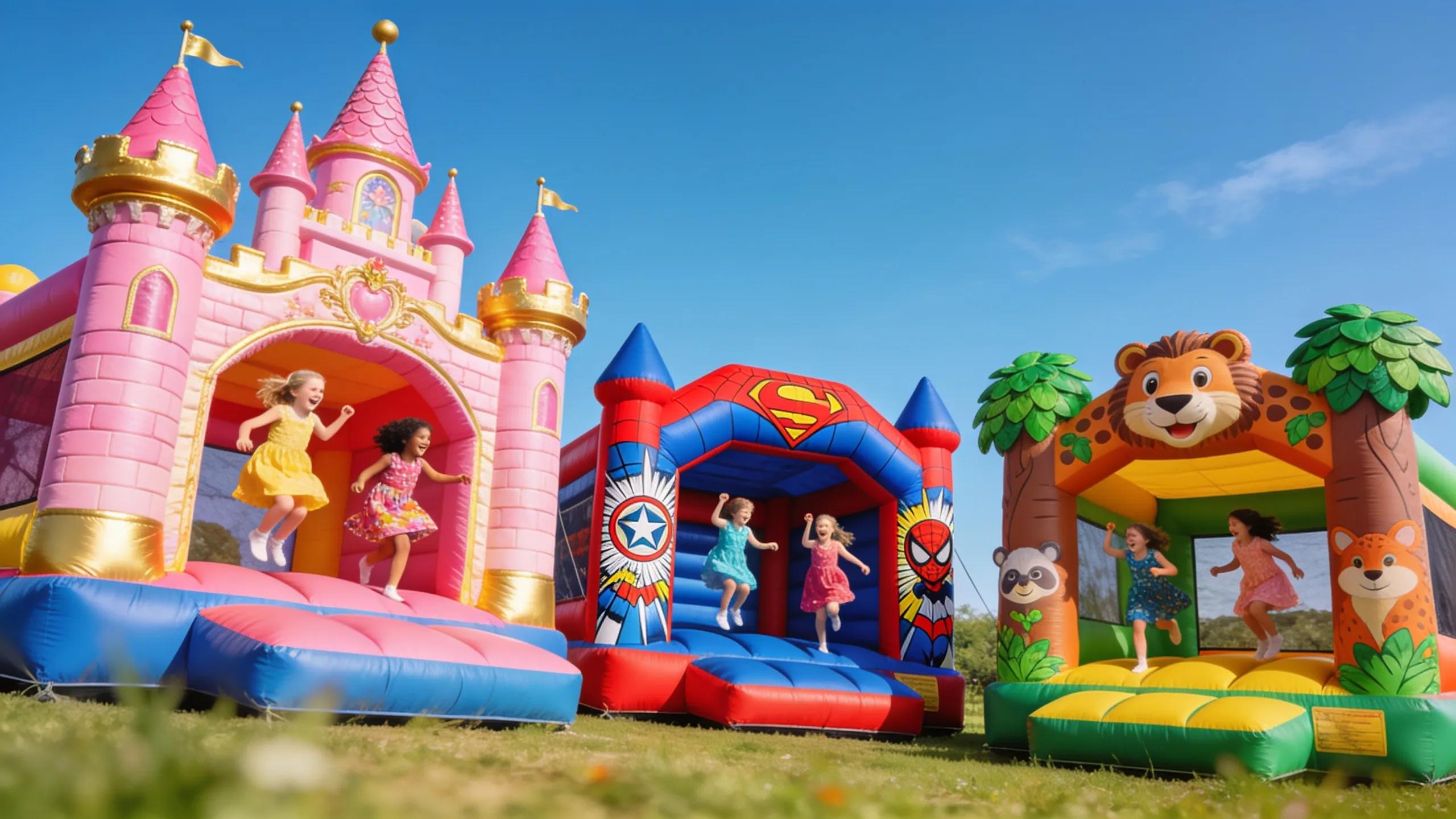 Variety Of Themed Jumping Castles For Kids Parties Displayed Outdoors