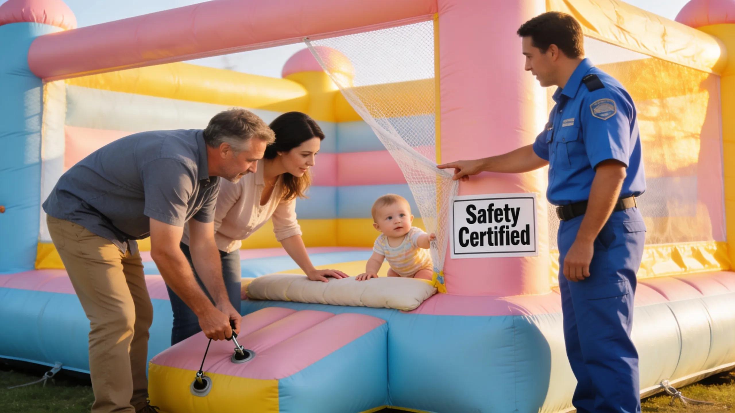 Parents Ensuring Safety Standards While Evaluating Toddler Jumping Castle Setup At A Party, Focusing On Protective Features