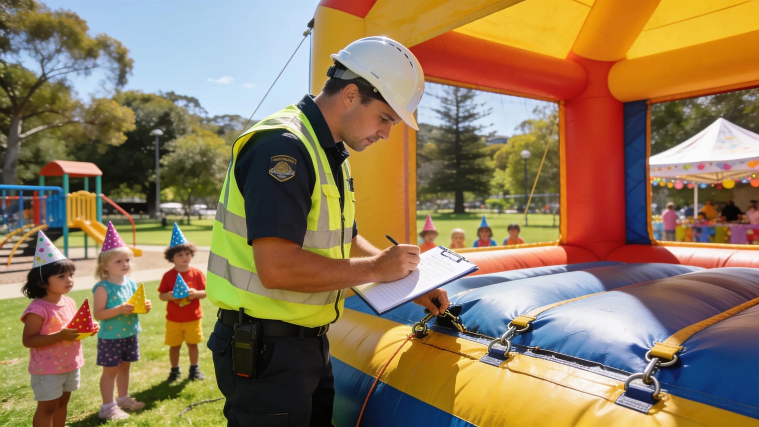 Staff Member Performing Safety Checks On A Jumping Castle In A Sydney Park