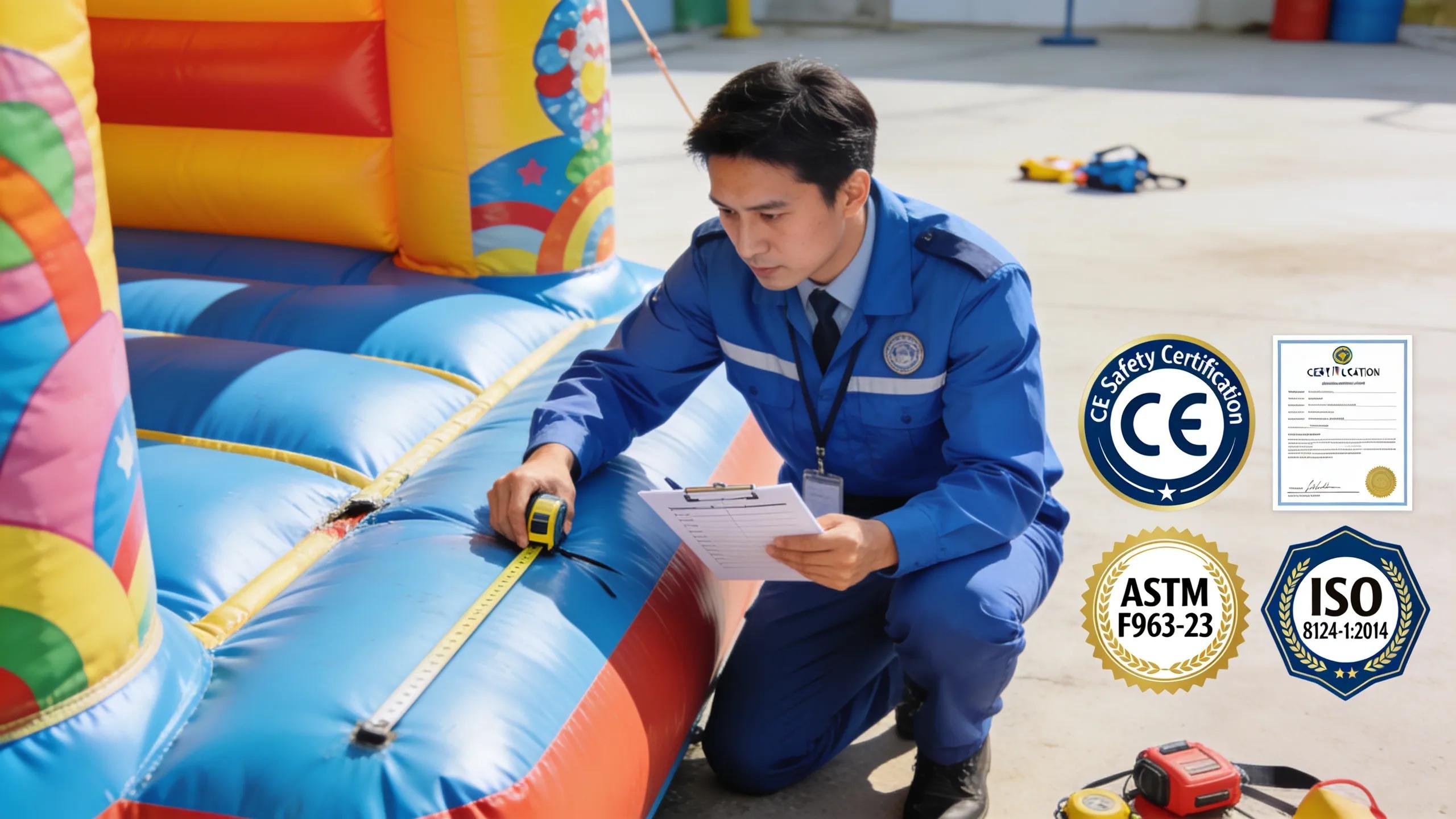 Professional Inspecting Safety Certifications On A Colorful Jumping Castle