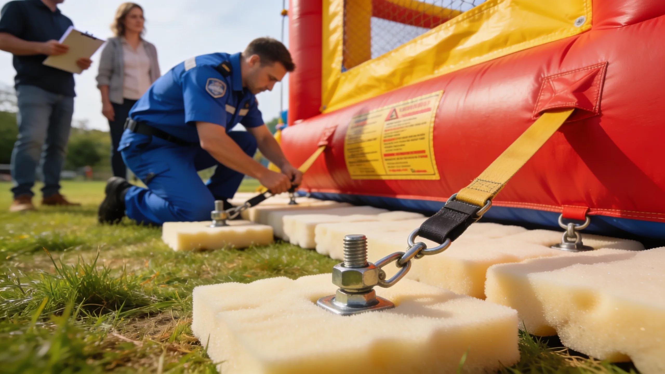 Professional Setting Up A Jumping Castle With Safety Features In An Outdoor Environment